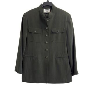 Kasper ASL Petite 14P Silk‎ Military Blazer Olive Green Mandarin Collar Jacket